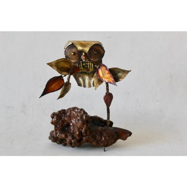 Mid-Century Modern Brutalist Metal Owl Burl Wood Base Sculpture in the Style of Curtis Jere For Sale - Image 9 of 9