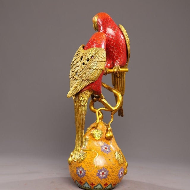 Traditional Late 20th Century Gilt Bronze Cloisonné Enamel Parrot Incense Burner on Gourd Base For Sale - Image 3 of 10