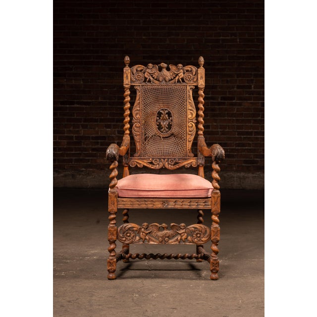 Victorian 19th Century Ornate Carved Throne With Intricate Cane Backrest For Sale - Image 3 of 17