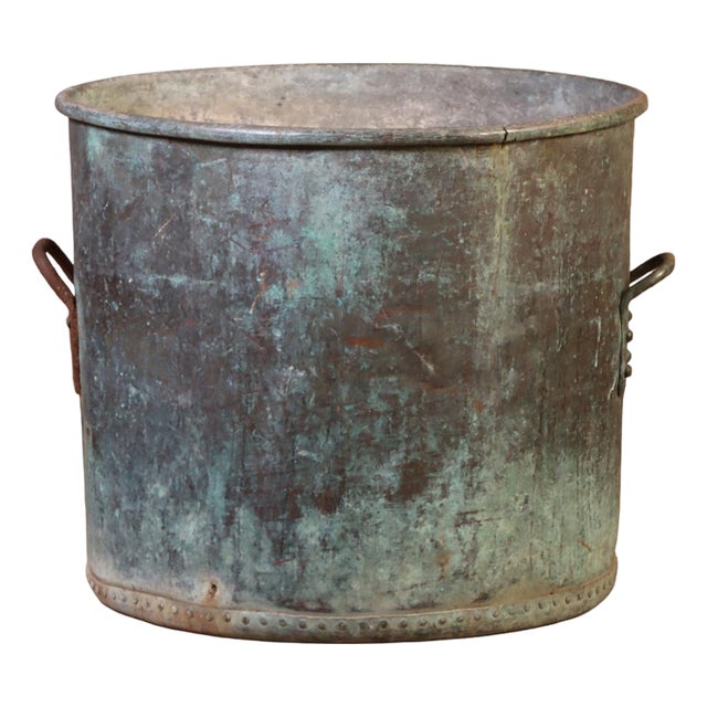 Large French Copper Pot With Handles and a Verdigris Patina, C. 1910 For Sale