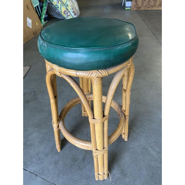 Restored 3-Stand Arched Rattan Base Bar Stool With Dark Green Seats ...