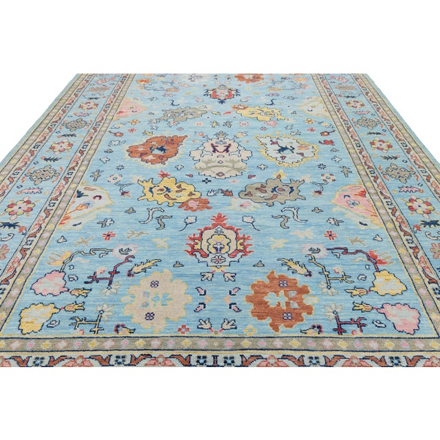 10x14 Modern Oushak Style Hand-Knotted Wool Area Rug in Sky Blue With Terracotta For Sale - Image 10 of 12