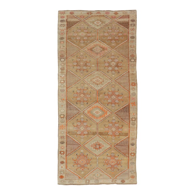 Vintage Turkish Kars Gallery Runner in Brown Color, Tan, Taupe and Orange 5'9 X 13'4 For Sale
