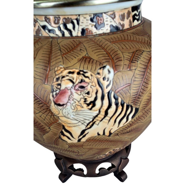 Metal Vintage Oriental Accent Jungle Ginger Jar Table Lamps, Tiger Zebra Leopard — A Pair For Sale - Image 7 of 12