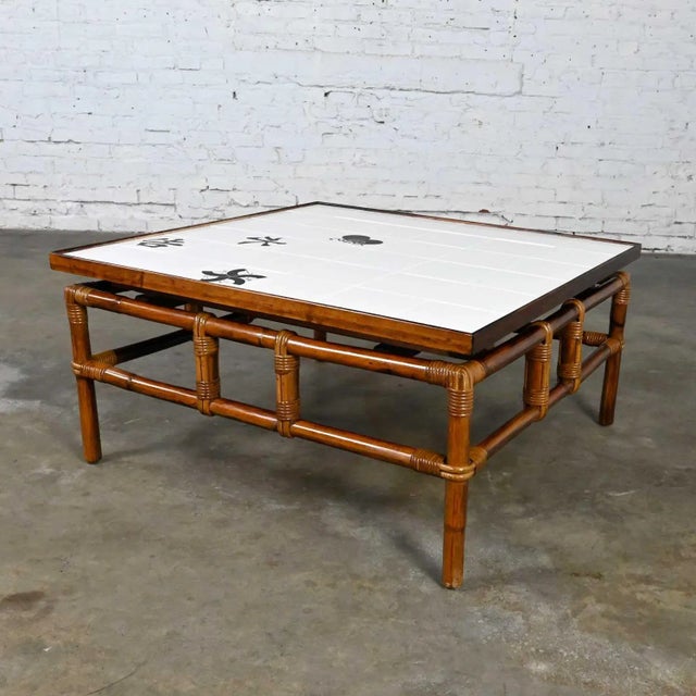 Vintage Rattan Campaign Style Ficks Reed Far Horizons Collection Coffee Table W/Tile Top by John Wisner For Sale - Image 13 of 13