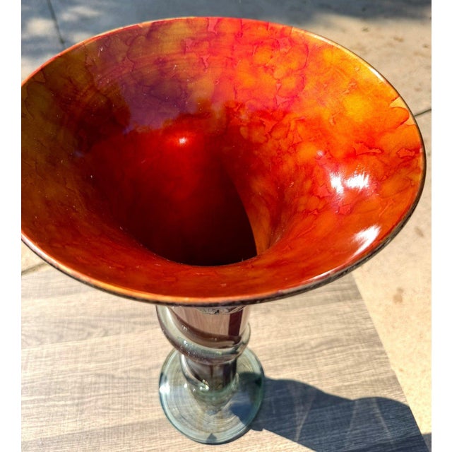 Hand-Blown 20" Amber Red Art Glass Trumpet Vase Applied Serpentine Spiral For Sale In Dallas - Image 6 of 18