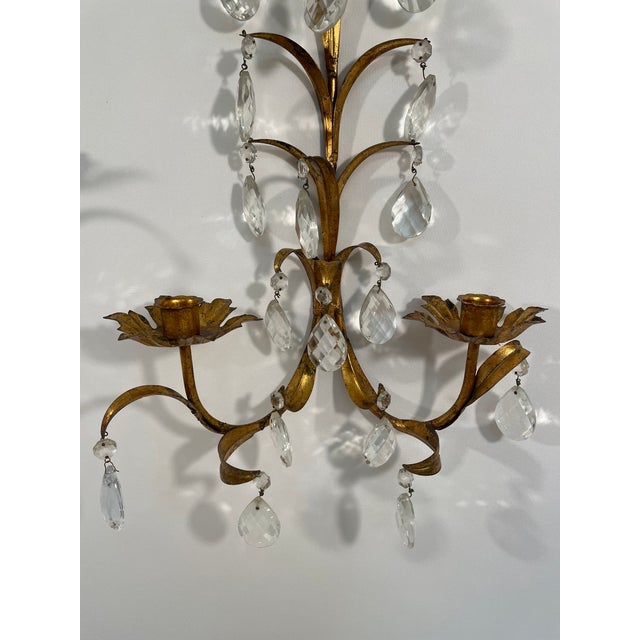 1950s Vintage Mid Century 19" Italian Gilded Tole and Crystals Candle Sconces - A Pair For Sale - Image 5 of 18