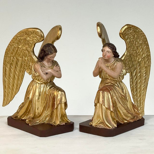 Pair 18th Century Hand-Carved Polychromed Wood Angels are amazingly well preserved and perfect for any devotional display....