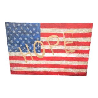 1980s Monumental Custom Made Hand Painted Draped Canvas Distressed American Flag Hope Wall Painting Art For Sale