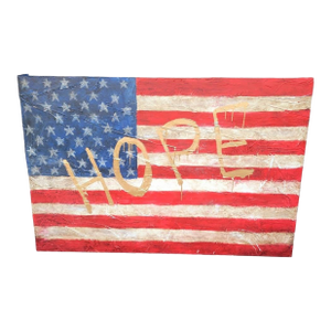 1980s Monumental Custom Made Hand Painted Draped Canvas Distressed American Flag Hope Wall Painting Art
