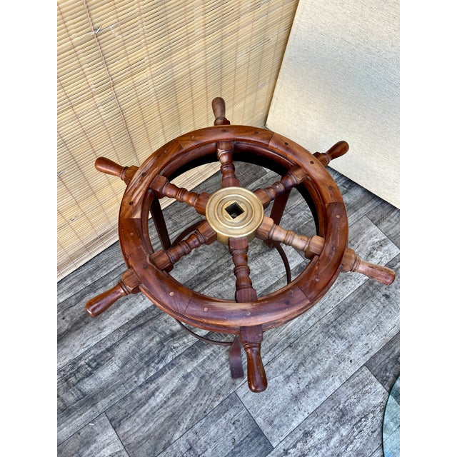 A Pair of Vintage Handcrafted Ship's Wheel Glass Top Side Tables. Circa 1970s For Sale - Image 14 of 18