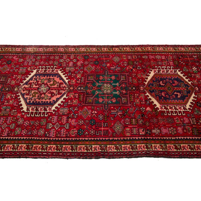 Textile Red Vintage Heriz Persian Wool Runner in Red With Allover Design For Sale - Image 7 of 8