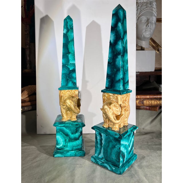 Pair of Grand Tour Faux Malachite Hand Painted & Gilded Obelisks of Minerva For Sale - Image 4 of 13