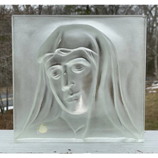Deco - Mid Century Vintage Frosted Art Glass Madonna Statuette Crystal Plaque For Sale - Image 16 of 17