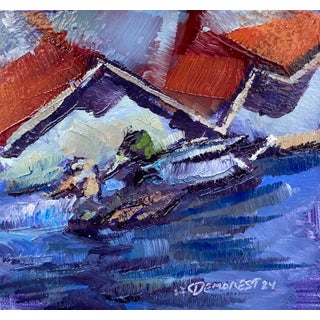 Mallards with Purge by Delton Demarest | Oil on Panel Painting of ducks on water with houses in background For Sale