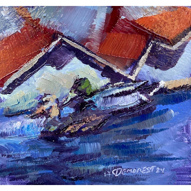 Mallards with Purge by Delton Demarest | Oil on Panel Painting of ducks on water with houses in background For Sale