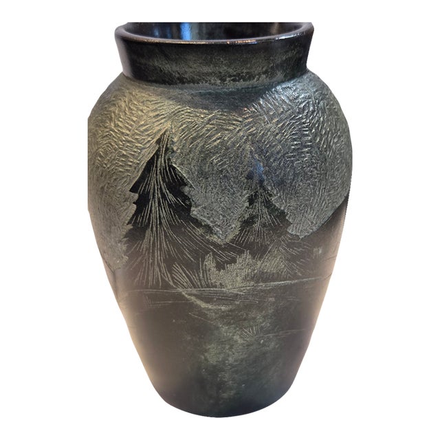 Vintage Relief Carved Soapstone Vase Italian 1960s With Deer Trees & Mountains For Sale