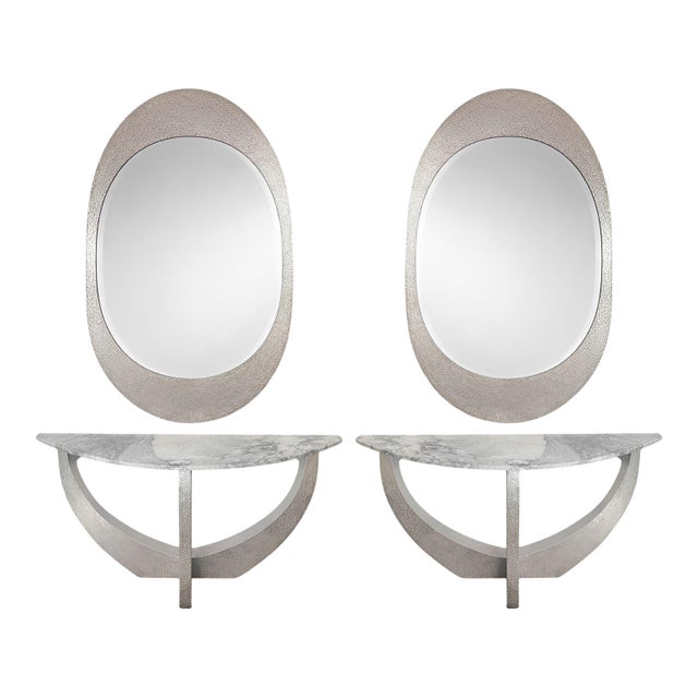 Pair of American Contemporary Hammered Metal Consoles With Mirrors & Marble Tops For Sale