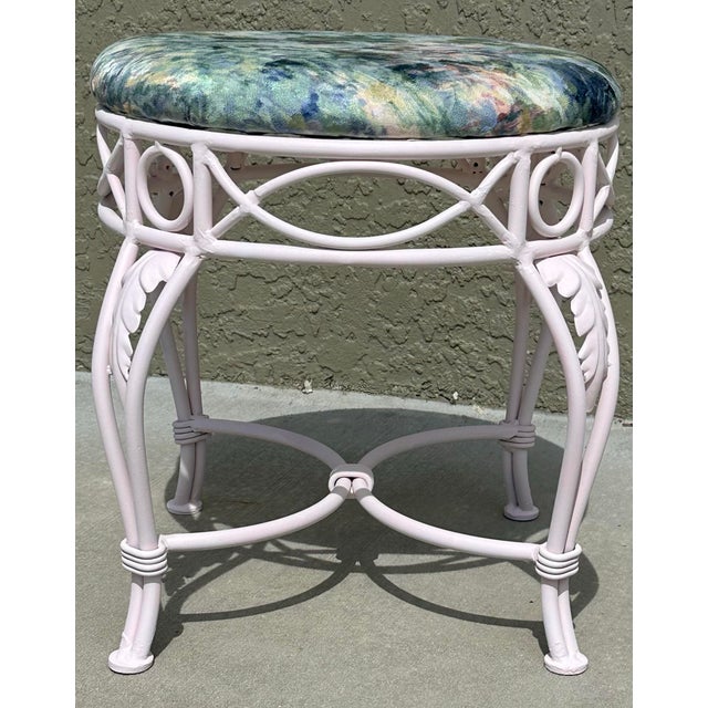 Vintage 20th Century French Monet Style Pink Cushioned Wrought Iron Vanity/Dressing Area Stool For Sale - Image 11 of 11