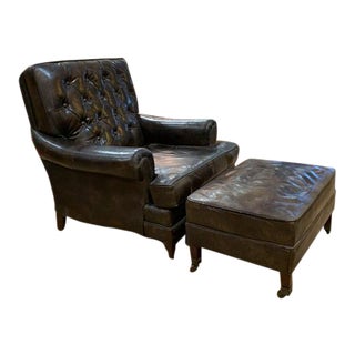 Mid Century Brown Leather Tufted Back Lounge Chair and Matching Ottoman - Set of 2 For Sale