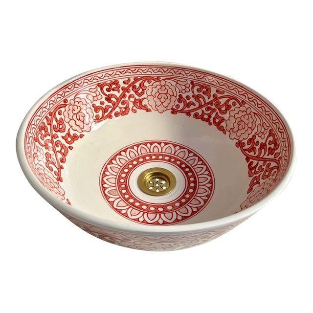 Pink Flower Handcrafted Vessel Basin Ceramic Modern Style, Moroccan Basin Sink Bowl with Brass Drain For Sale
