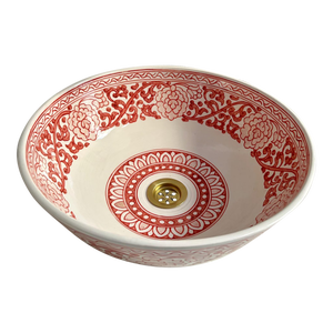 Pink Flower Handcrafted Vessel Basin Ceramic Modern Style, Moroccan Basin Sink Bowl with Brass Drain