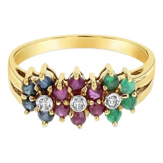 Ruby, Sapphire, Emerald Flower Shaped Ring 14k Yellow Gold, Size 7 For Sale