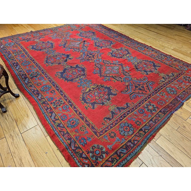 Vintage Turkish Oushak Hand-Knotted Rug, Red Geometric Design, 1900s For Sale - Image 11 of 12