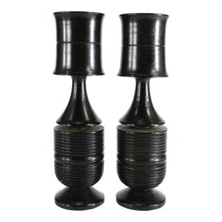Early 1900's Pair of Turned Ebony Candlesticks Candle Holders, Art Deco For Sale