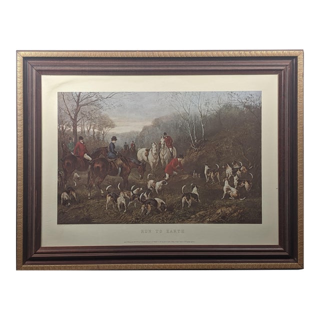 Large Vintage “Run to Earth” Equestrian Lithograph After Heywood Hardy, Professionally Framed- Brown, Red, Blue For Sale