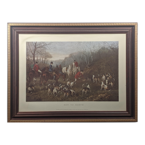 Large Vintage “Run to Earth” Equestrian Lithograph After Heywood Hardy, Professionally Framed- Brown, Red, Blue