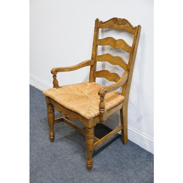 High End Vintage Solid Rubberwood Country French Ladderback Dining Arm Chair W. Rush Seat For Sale - Image 4 of 10