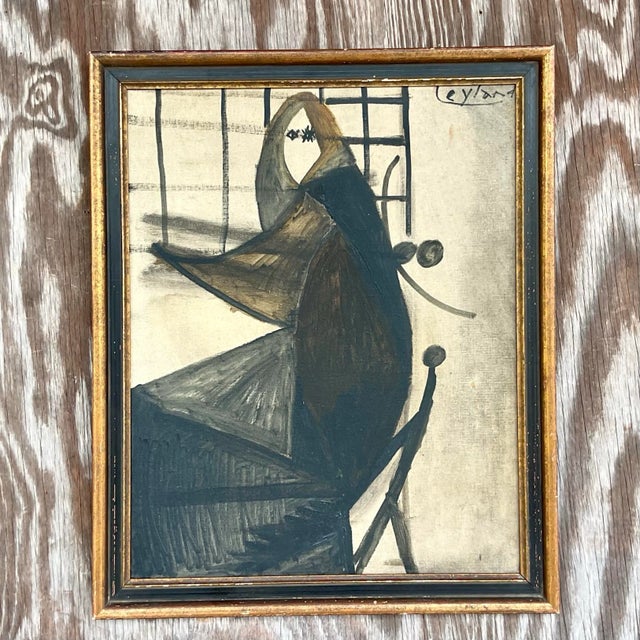 Wood Vintage Boho Original Oil Portrait on Board For Sale - Image 7 of 7