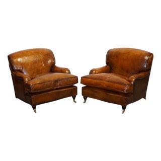 Large Howard Style Hand Dyed Leather Armchairs with Feather Filled Cushions, Set of 2 For Sale