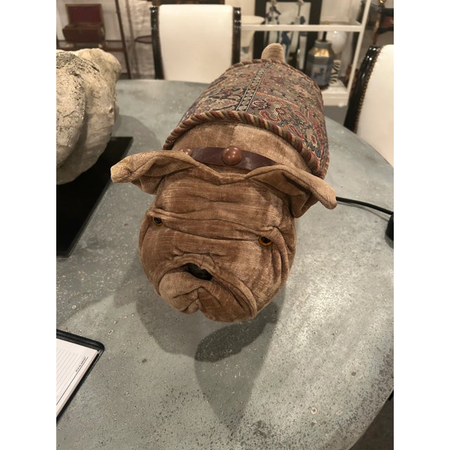 Brown Velvet Bulldog Footstool With Tapestry Coat For Sale - Image 8 of 11