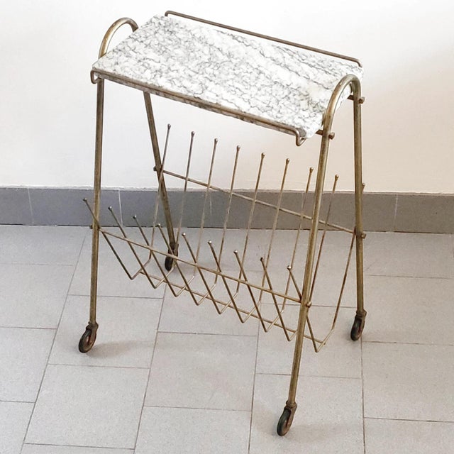 Vintage Brass and Marble Rolling Magazine Rack, 1950s For Sale - Image 13 of 13