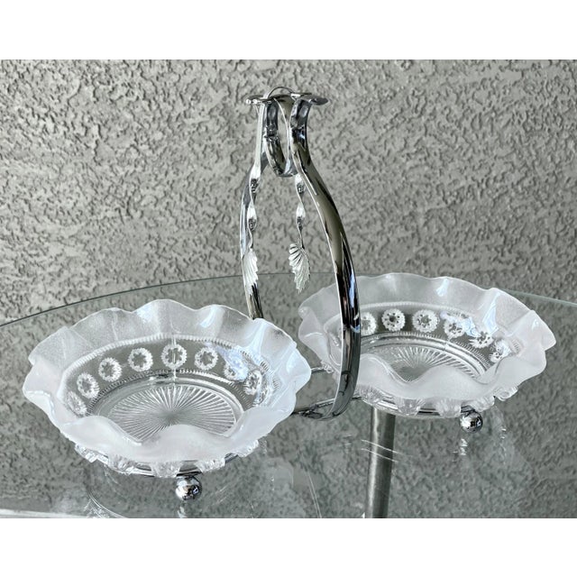 Excellent Pre-Owned Condition. Dazzling to look glass and chrome relish set with twist arm sterling silver shell design...