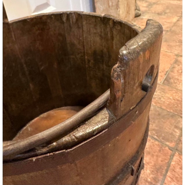 Mid 20th Century Vintage Primitive Wood Bucket W/ Blacksmith Forged Handle 14" Tall 13" Diam For Sale - Image 5 of 9
