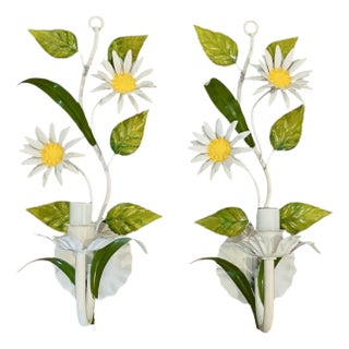 Vintage French Tole Daisy Sconces / Wall Lamps / Light Fixtures, a Pair For Sale
