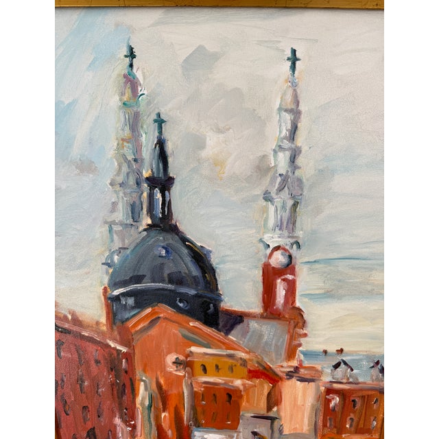 Original oil on canvas painting depicting Mother of God Roman Catholic Church and the surrounding neighborhood in...