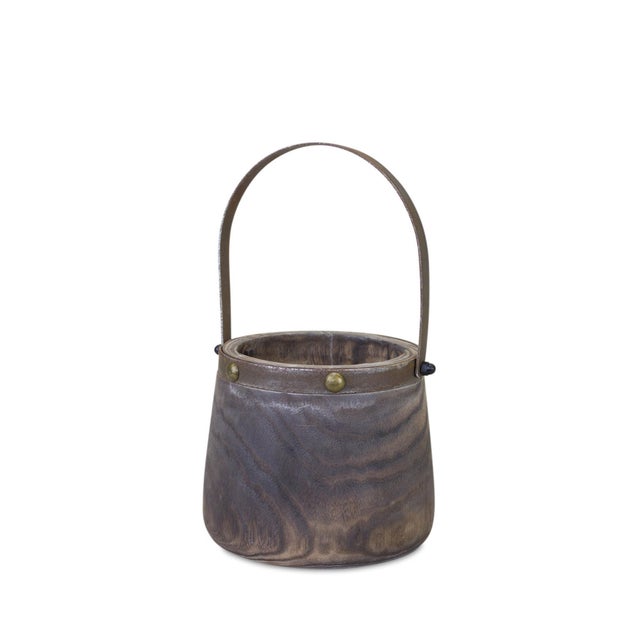 2020s Natural Wooden Pail Planter with Metal Handle Accent (Set of 2) For Sale - Image 5 of 5