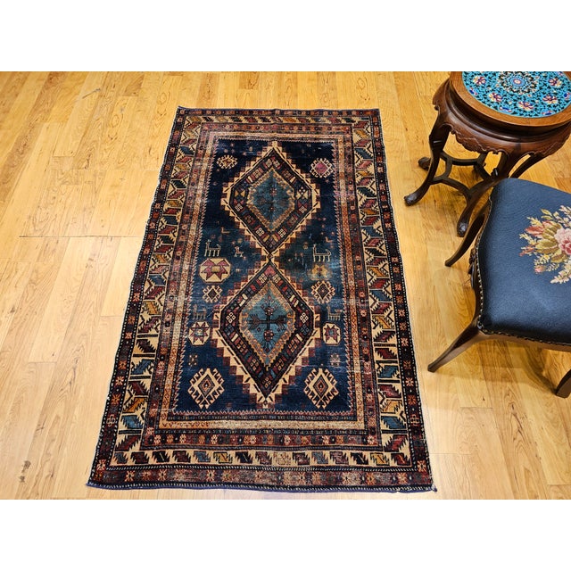 19th Century Caucasian Kazak Area Rug, Hand-Knotted Wool, Blue, Ivory For Sale - Image 9 of 13
