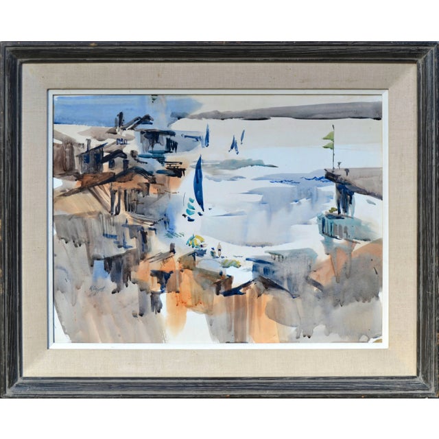 1950s Noel Daggett Impressionist City Beach San Francisco Bay Area Watercolor Landscape 1959 For Sale - Image 5 of 5