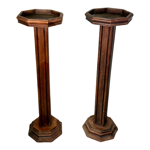 Pair Antique French Tall Carved Oak Plant Stands For Sale