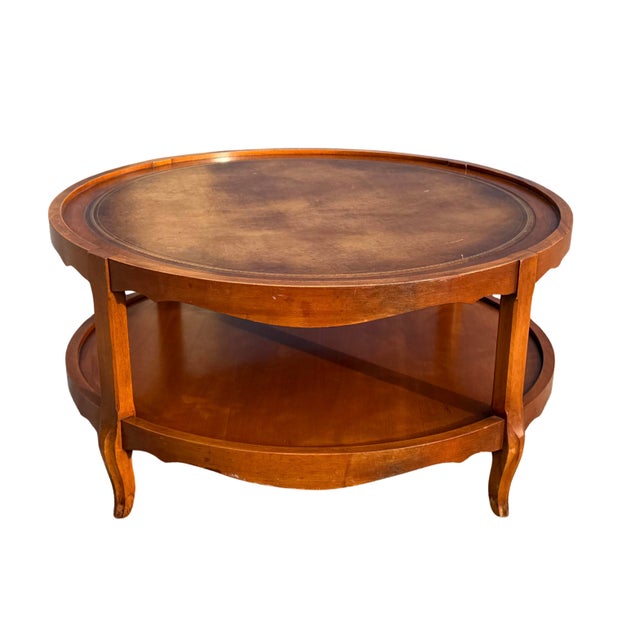 French Provincial Mid 20th Century French Provincial Round Coffee Table With Gold-Embossed Inset & Cabriole Legs For Sale - Image 3 of 7