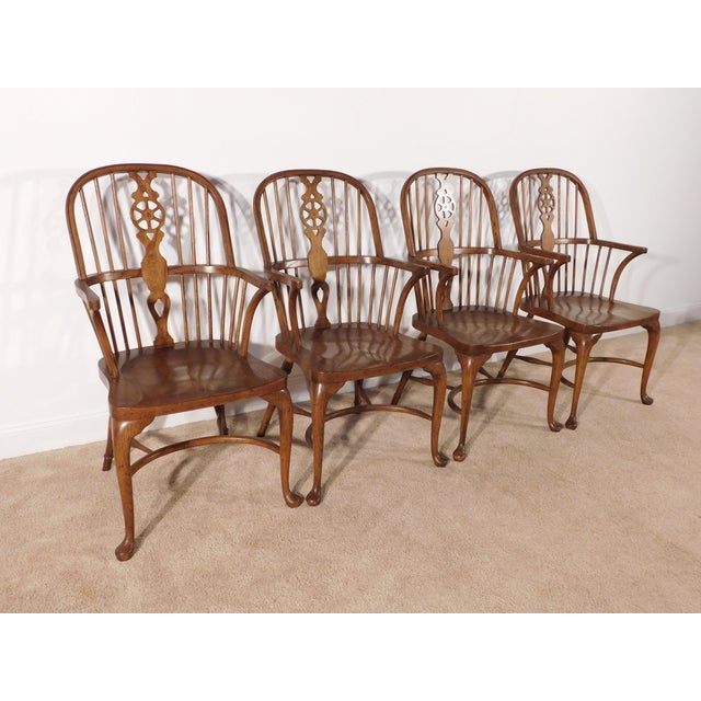 1960s Vintage Baker Furniture Set of 4 Queen Anne Dark Oak Windsor Arm Chairs For Sale - Image 5 of 14
