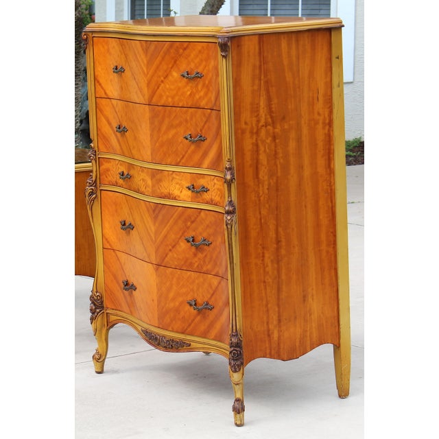 1940s Magnificent Vintage French Provincial Louis XV Rococo Satinwood & Burl Wood Tall Boy Chest For Sale - Image 5 of 16