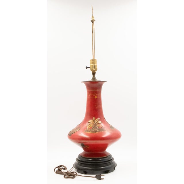 1960s Cinnabar Red Chinoiserie Table Lamps With Brass Fretwork Finials - a Pair For Sale - Image 15 of 16