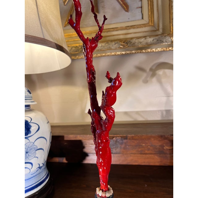 Tall Chinoiserie Style Decorative Faux Red Coral Branch in Painted Green & Gilded Vase For Sale - Image 4 of 11