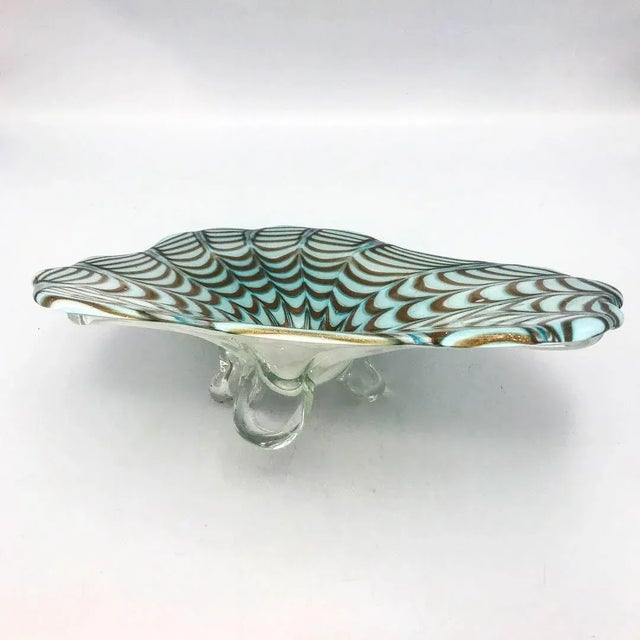 Vintage stretched Attributed Murano footed Bowl designed like a spiders webb in robin egg blue and gold aventurine. Cased...